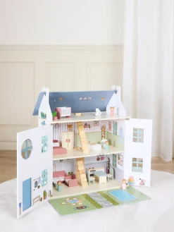Dukker & Bamser-AliceFox Alice & Fox Dukkehus med Møbler & 4 Dukker, Blå Blå/Hvid