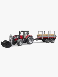 Legetøjsbiler & -Fartøjer-Bruder Massey Ferguson 7480 Traktor m. Frontlæsser & Tømmeranhænger