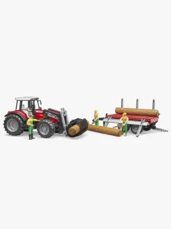 Legetøjsbiler & -Fartøjer-Bruder Massey Ferguson 7480 Traktor m. Frontlæsser & Tømmeranhænger