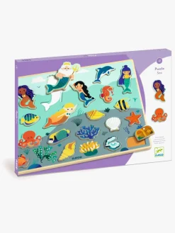 Spil & Puslespil-Djeco Træpuslespil Sea 22 Brikker Blå/Orange/Gul